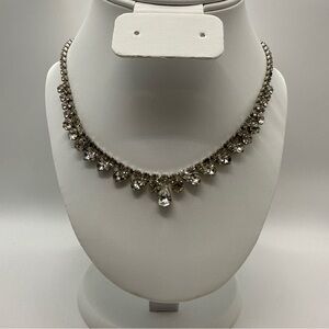 Vintage Clear Rhinestone Statement Necklace with Teardrop stones hook clasp